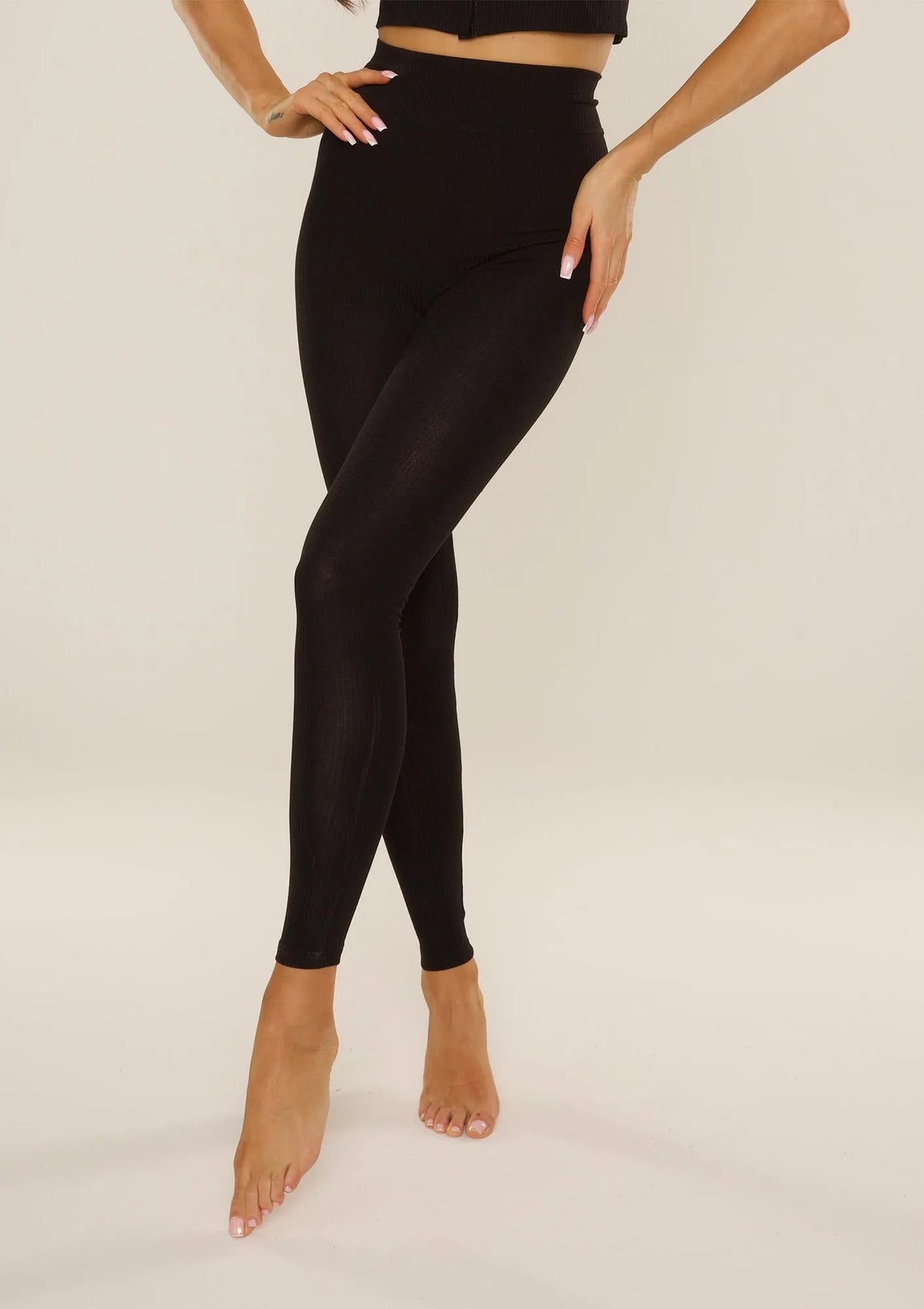 Legginsy damskie prążkowane czarne z szerokim pasem Khali De Lafense