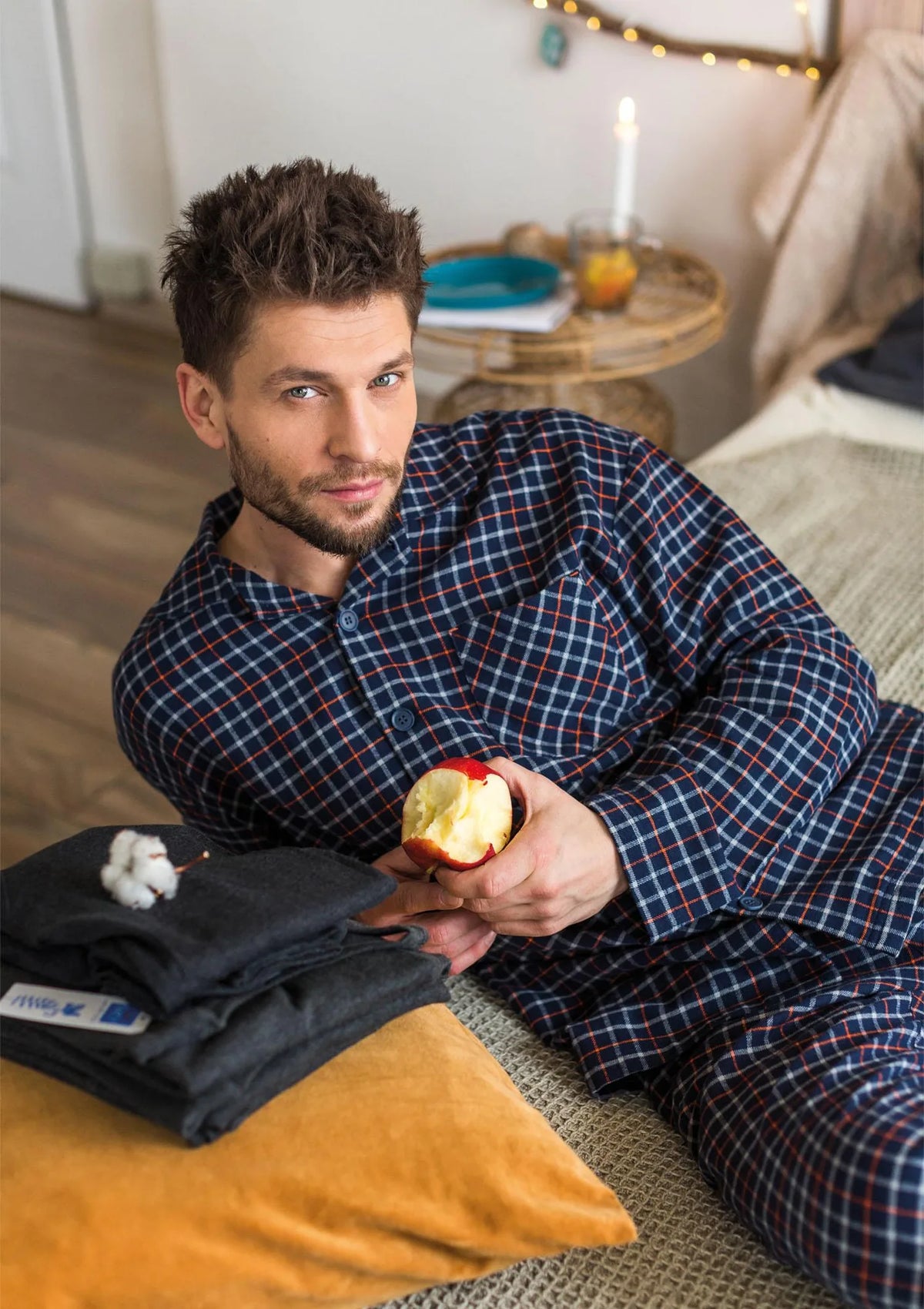Piżama męska elegancka flanelowa z długimi spodniami i koszulową górą MNS 480 Key